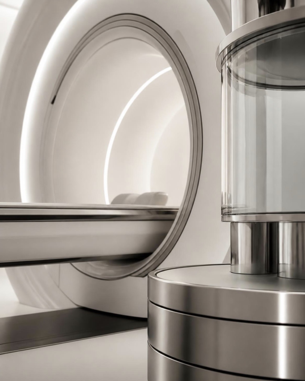 Detail of an illuminated scanner bore beside a glass sample cylinder